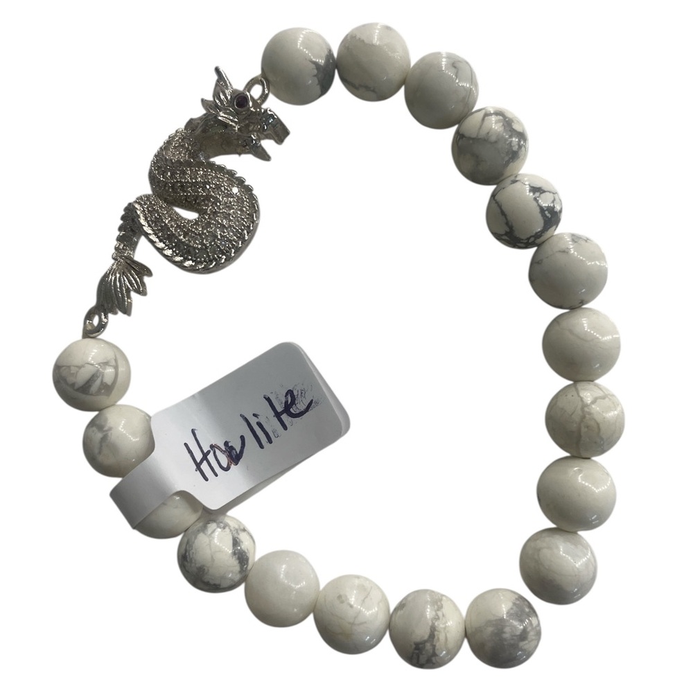 Howlite white and grey gemstone bracelet, featuring a stunning silver dragon